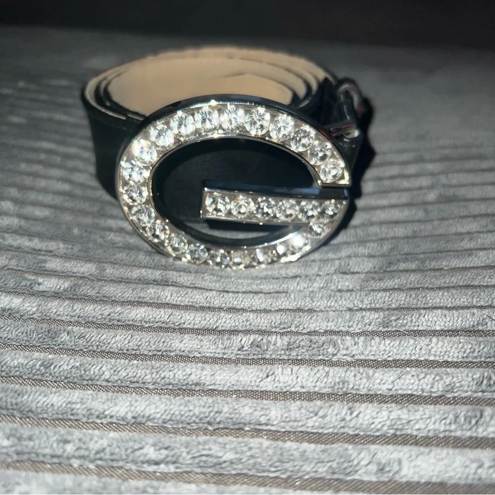 Guess Logo Rhinestone G Black Leather Belt - Size M
